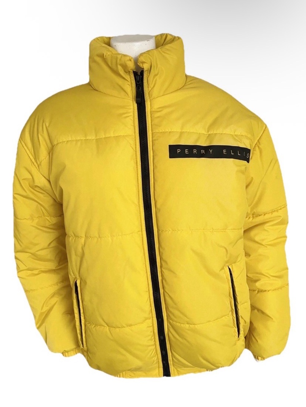 Vintage Perry Ellis Portfolio Coat Jacket Yellow Puffer Spell Out Mens 90s Small